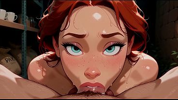 AI-generated cartoon. A redhead barista is having sex with a customer in the coffee shop's back room.