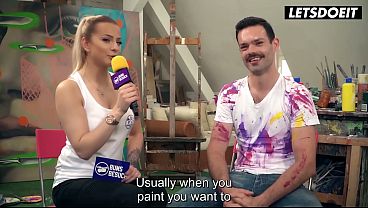 Slim Inked Blonde Flirts with Artist's Cock Between Paint Strokes... She's About to Get Fucked Hard