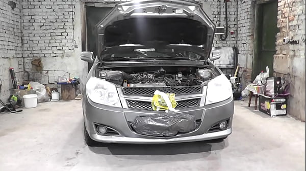 Sexy MILF Frina works in car service. Nude car servise. Naked blonde in car repair shop repairs client auto. No panties under skirt. Without bra. Without panties. Natural tits. Pussy MILF. High heels. Stocking