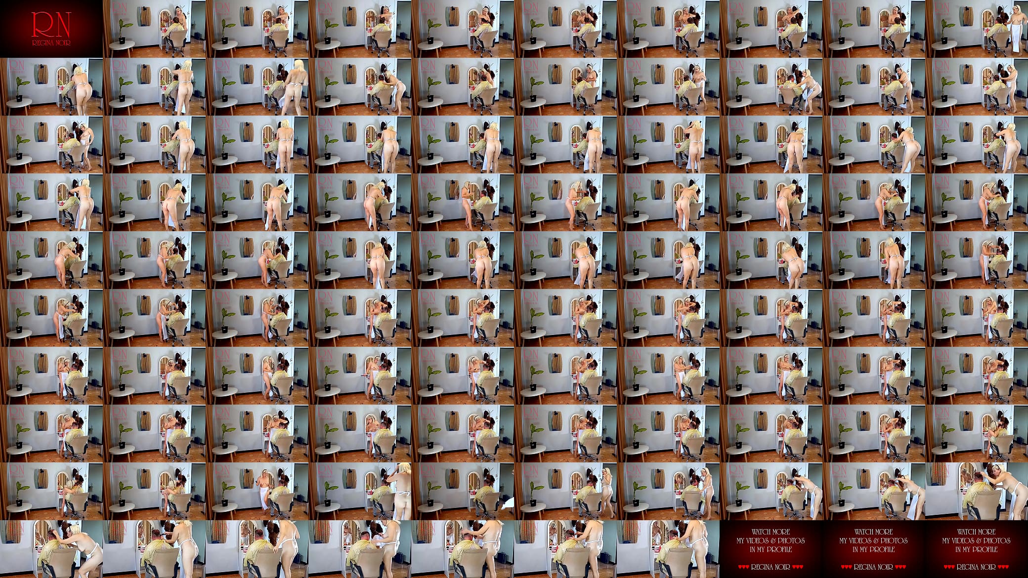 Nudist barbershop. Nude lady hairdresser in an apron. Security camera. The client is surprised. cam 12 183 预览图