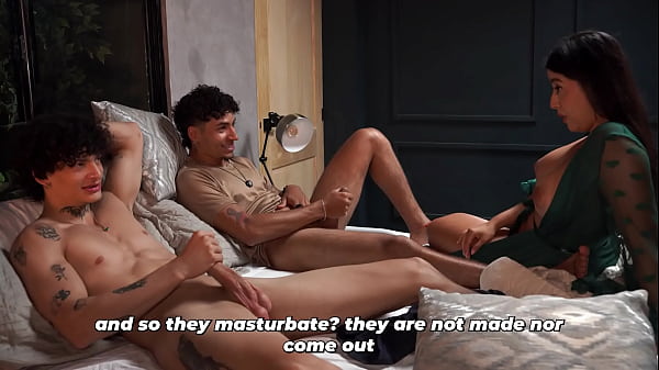 What are they doing? Stepson and his friend masturbate and their stepmother decides to teach them
