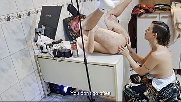 Female boss orders employee to take off his clothes and sucks his ass.