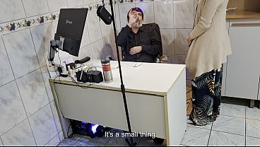 Female boss orders employee to take off his clothes and sucks his ass.