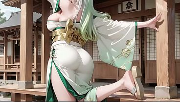AI generated-Silver-Haired Shrine Maiden Secrets! Languidly reclining in a red corridor, her bare shoulders and lush thighs exposed. A teasing gaze that lingers just out of reach.