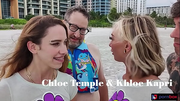 Beach bunny Kapri & Chloe Temple threesome in front of cuckold sugar daddy