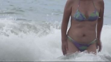 At the beach, I give my stepmom three big rounds in her hairy pussy after we masturbate.