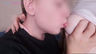 Sucking a cute redhead’s natural tits and putting my big cock in her mouth