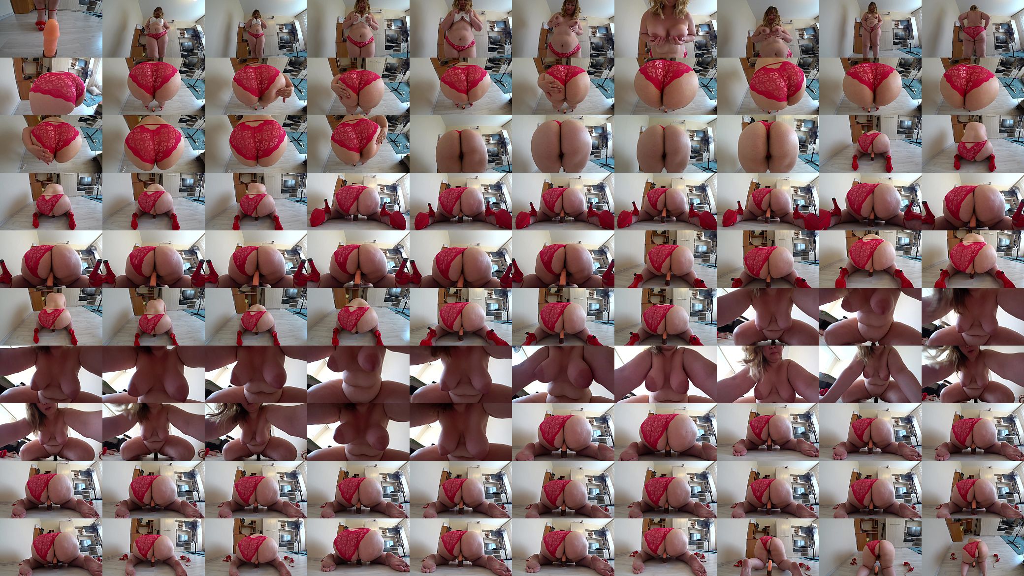 A beautiful bbw jumps on a dildo and shaking a big butt in panties. 预览图