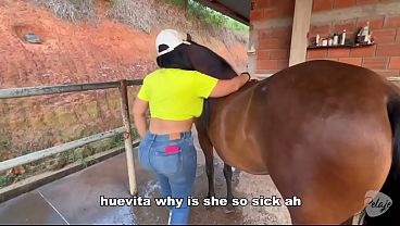 The mare got sick and the vets fuck the busty, big-assed Latina owner until she squirts twice to calm her down.